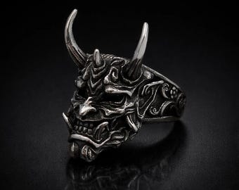 Oni Demon Mask Ring | Stainless Steel Japanese Samurai Gothic Jewelry
