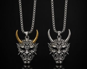 Oni Demon Mask Necklace | Stainless Steel Japanese Samurai Gothic Jewelry