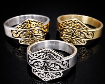 Imperial Crest Ring | Engraved Stainless Steel Silver Gold Filigree Scroll Band