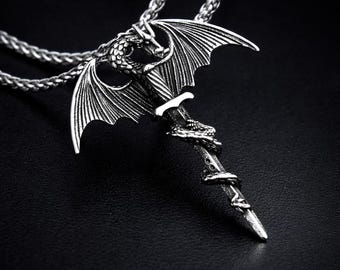 Dragon Sword Necklace | Gothic Fantasy Stainless Steel Pendant Statement Jewelry