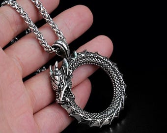 Dragon Ouroboros Necklace | Stainless Steel Pendant Viking Norse Statement Jewelry