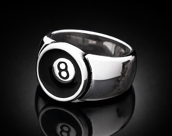 8 Ball Ring | Lucky Ring | Stainless Steel | Signet Ring | Black Enamel | Billiards Ring | Men Statement Jewelry | Gift for Him