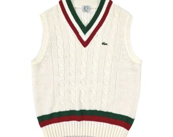 Izod Lacoste Vintage Zopfmuster Cricket Weste Pullover Weiß Herren L
