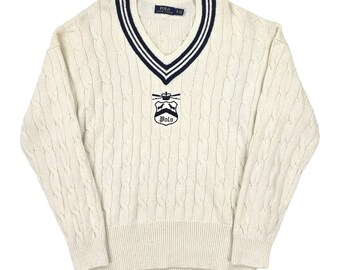 Polo Ralph Lauren Spellout Cable Punto Cricket Jumper Blanco Hombre XL