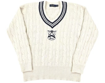 Polo Ralph Lauren Spellout Cable Knit Cricket Pullover Weiß Herren Medium
