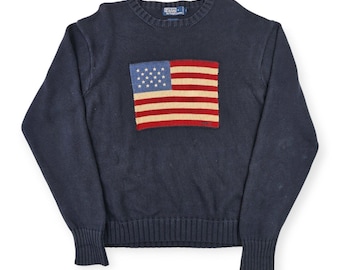 Jersey de punto Polo Ralph Lauren Vintage con la bandera de EE. UU., color azul, talla XL para hombre.