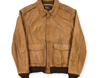 Polo Ralph Lauren Leather A-2 Bomber Flight Jacket Graphic Crest