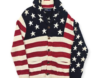 Polo Ralph Lauren USA Flag Shawl Knitted Cardigan Men's Medium
