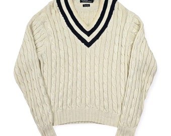 Polo Ralph Lauren Vintage Cable Knitted Cricket Jumper Cream Men's XL