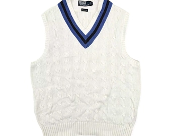 Polo Ralph Lauren Vintage Cable Knit Cricket Vest Jumper White Men's Small