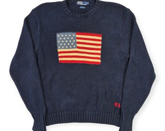 Polo Ralph Lauren Vintage USA Flag Knitted Jumper Blue Men's XL