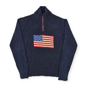 Polo Ralph Lauren 1/4 Zip USA Flag Knitted Jumper Blue Men&#39;s Large
