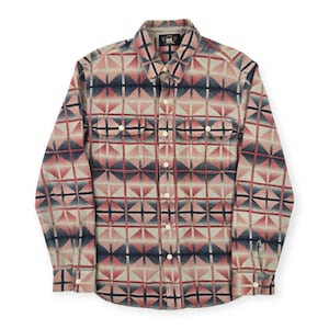 May include: A patterned button-down shirt in red, blue, and beige. The shirt features a geometric design, two chest pockets, and a collar. The brand logo "RRL" is visible on the collar.