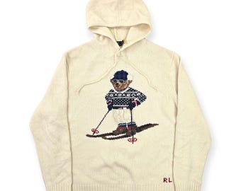Sudadera con capucha de punto con diseño de oso de esquí de Polo Ralph Lauren, color crema, talla XXL para hombre