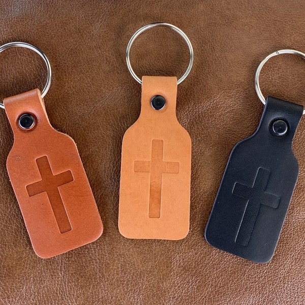 Leather Key Fob Keychain with Cross embossed. Made with premium Hermann Oak Leather.