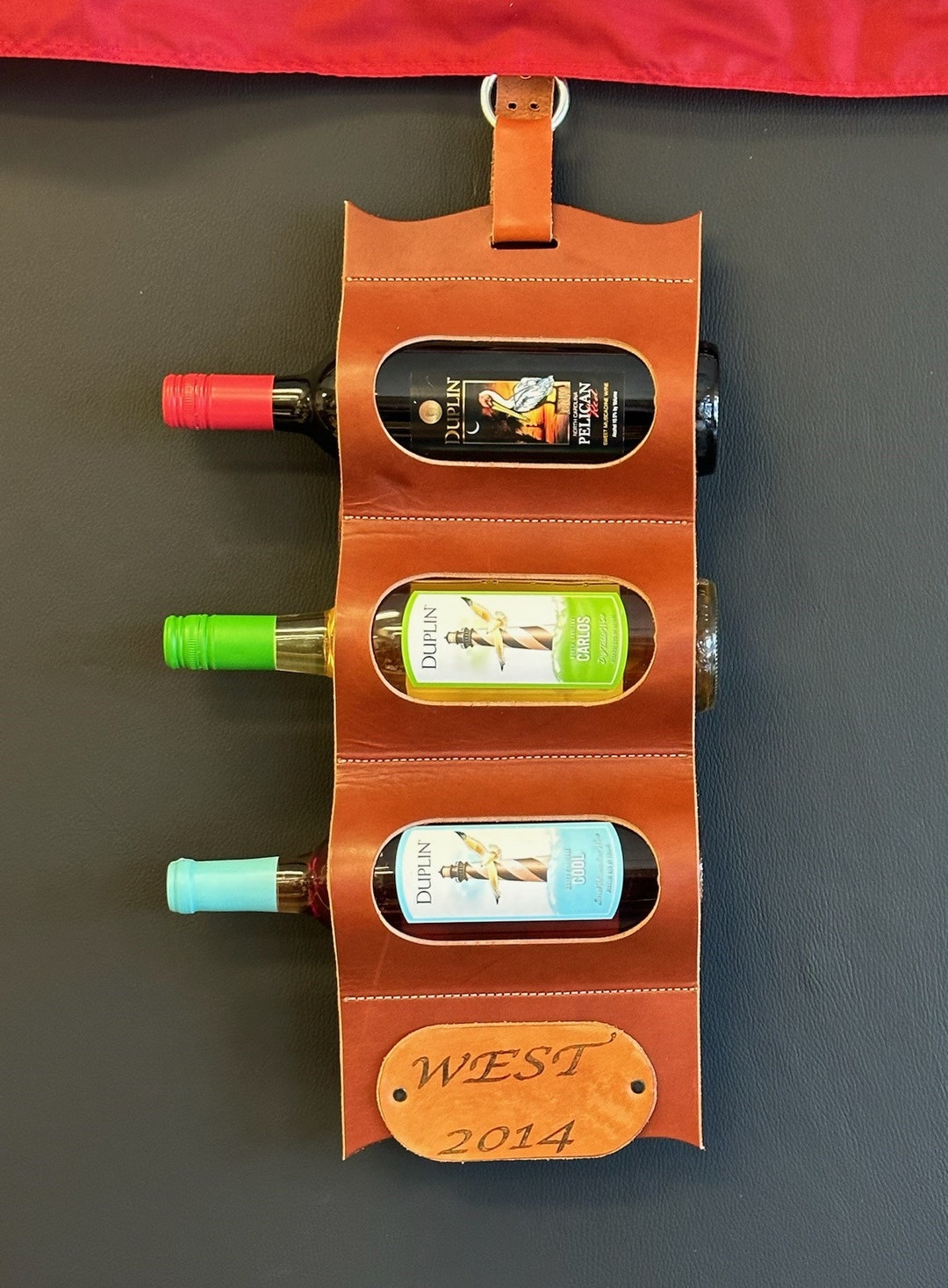 Leather Wine Bottle Holder, Personalised Wall Mounted Wine Rack, Wine