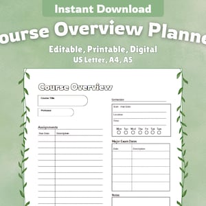 Könnte beinhalten: Ein druckbarer Kursübersichtsplaner mit dem Text "Course Overview Planner" oben. Der Planer enthält Abschnitte für Kurstitel, Professor, Aufgaben, Semesterdaten und wichtige Prüfungstermine. Der Hintergrund ist hellgrün.