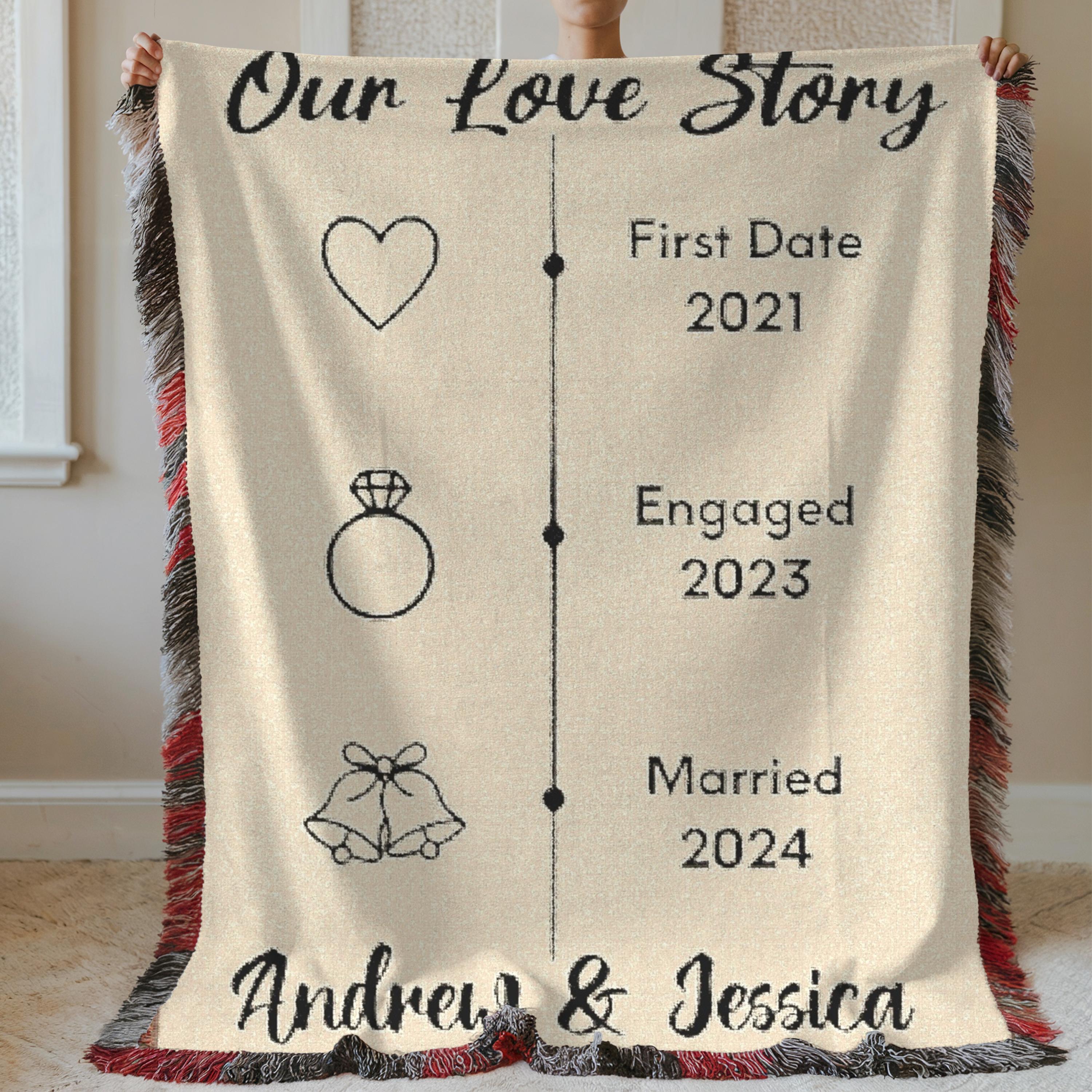Custom Woven Blanket, Personalized Love Story Throw, 2nd Anniversary Cotton Gift, Minimalist Timeline Tapestry, Wedding Engagement Keepsake