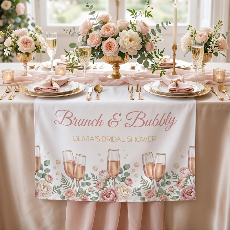 Pu&ograve; includere: Una tavola splendidamente apparecchiata per un addio al nubilato, con un runner bianco con la scritta "Brunch & Bubbly" e "Olivia's Bridal Shower". Il runner &egrave; decorato con calici di champagne e motivi floreali. La tavola &egrave; apparecchiata con posate, piatti e bicchieri dorati e ornata da centrotavola floreali.