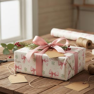A wrapped gift decorated with a pink ribbon, pine twigs, and kraft tags rests on a wooden surface with a roll of paper and twine nearby.