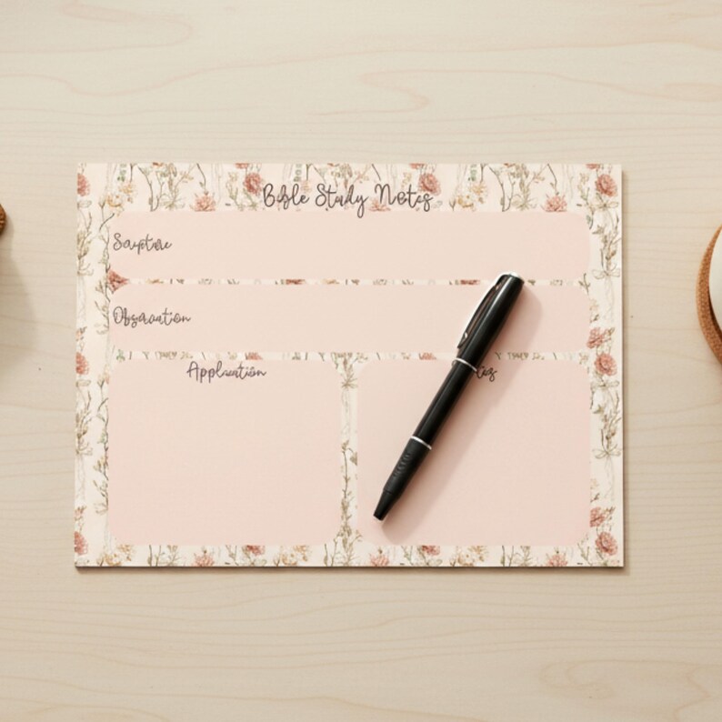 May include: A Bible study notes pad with a floral border and the words "Bible Study Notes" at the top. The pad has sections for Scripture, Observation, and Application. A black pen rests on the pad.