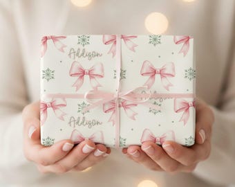 Personalized Pink Bow Christmas Wrapping Paper | Custom Name Gift Wrap | Elegant Holiday Wrapping | Coquette Christmas Paper