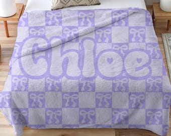 Custom Name Blanket, Personalized Blanket Gift for Kids, Girl Checker Birthday Gift, Cute Bow Velveteen Blanket