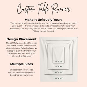Pu&ograve; includere: Una tovaglia bianca personalizzata con la scritta "Custom Table Runner". L'immagine mostra quattro diverse dimensioni: 66cm x 91cm, 127cm x 152cm, 173cm x 203cm e 223cm x 264cm. La tovaglia &egrave; personalizzabile per eventi.