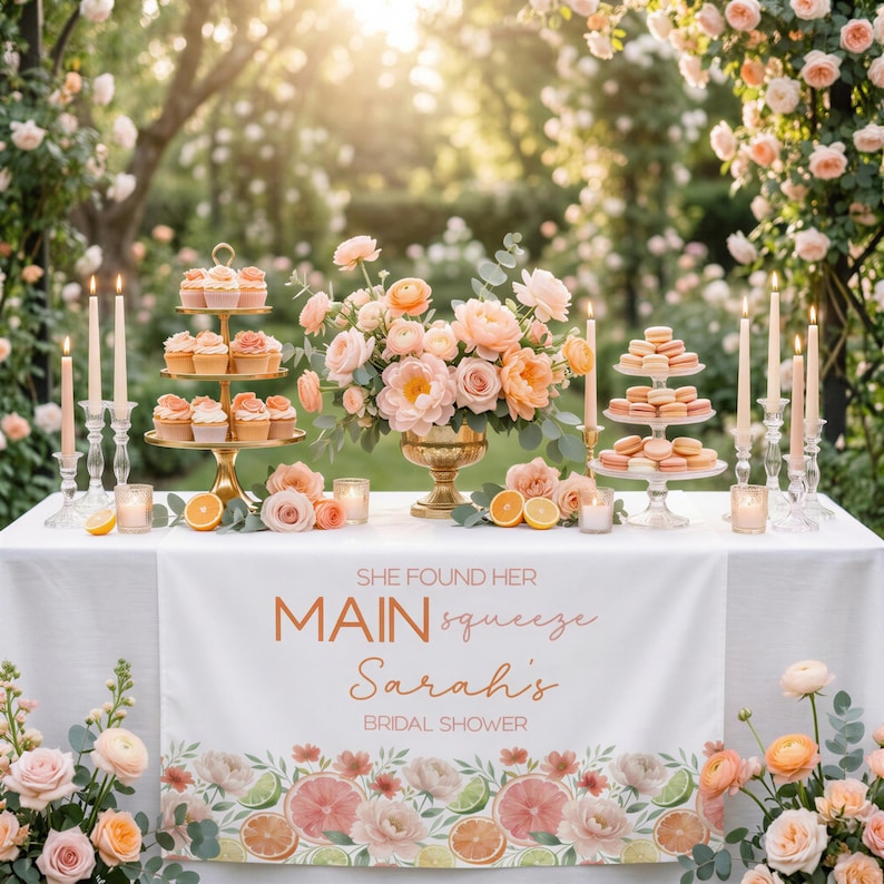 May include: A beautifully decorated table for a bridal shower, featuring cupcakes, macarons, and floral arrangements in peach and cream tones. The table has a white tablecloth with a banner that reads "She Found Her Main Squeeze Sarah's Bridal Shower."