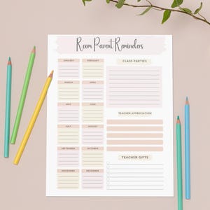 Habitación para padres Habitación para mamás Planificador del año escolar Hoja de recordatorio Calendario Lista de tareas pendientes
