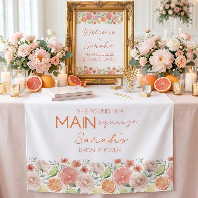 May include: A bridal shower table setting with a gold framed sign that reads "Welcome to Sarah's Main Squeeze Bridal Shower." The table is decorated with floral arrangements, candles, and a white table runner with text and a citrus and floral design.