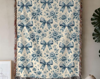 Woven Blanket, Vintage Toile Bow Throw Blanket Tapestry, Cozy Cotton Home Decor, Shabby Chic Cottagecore Woven Art Gift