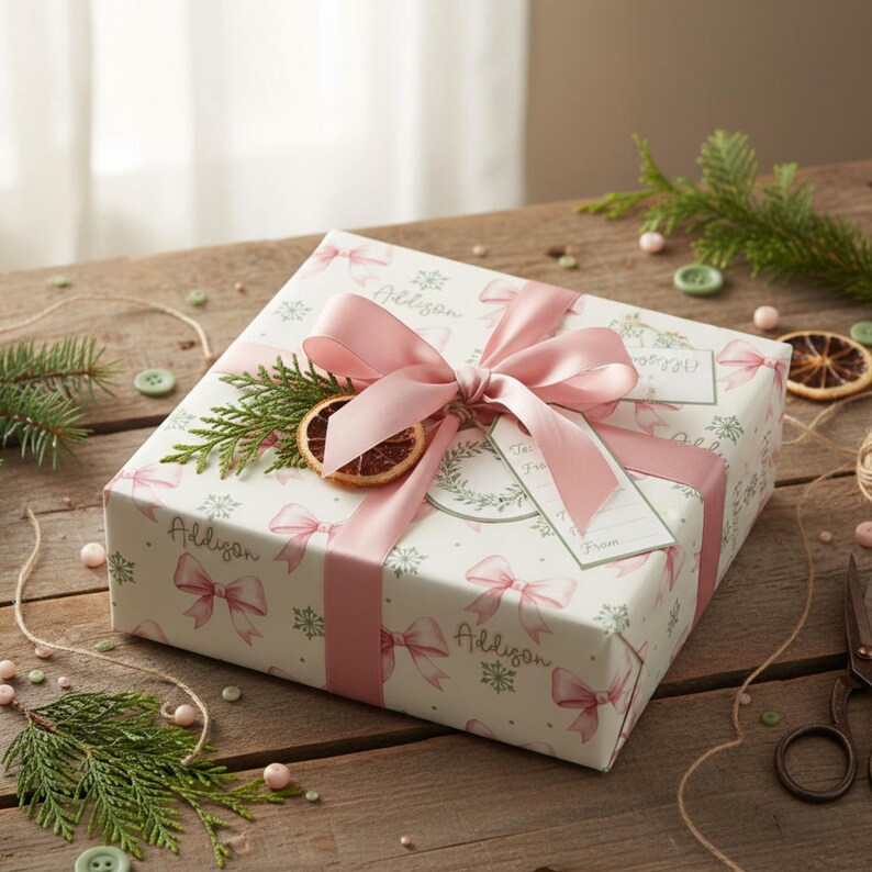 A gift box wrapped in custom bow paper sits on a wooden table alongside string, kraft gift tags, and pine greenery.