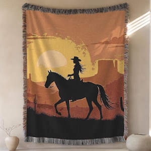 Cowgirl Woven Blanket, Western Throw, Rustic Home Decor, Southwestern Style, Cowboy Blanket, Cotton Woven Tapestry, Boho Western Decor