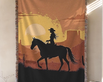 Cowgirl Woven Blanket, Western Throw, Rustic Home Decor, Southwestern Style, Cowboy Blanket, Cotton Woven Tapestry, Boho Western Decor