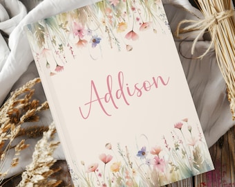 Diario personalizado Wildflower, cuaderno personalizado para mujeres, agenda de tapa dura, cuaderno de gratitud floral, planificador floral personalizado