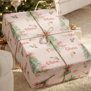 Personalized Pink Christmas Wrapping Paper, Custom Name Gift Wrap for Girls, Pink Christmas Tree Wrapping Paper, Coquette Holiday Wrap