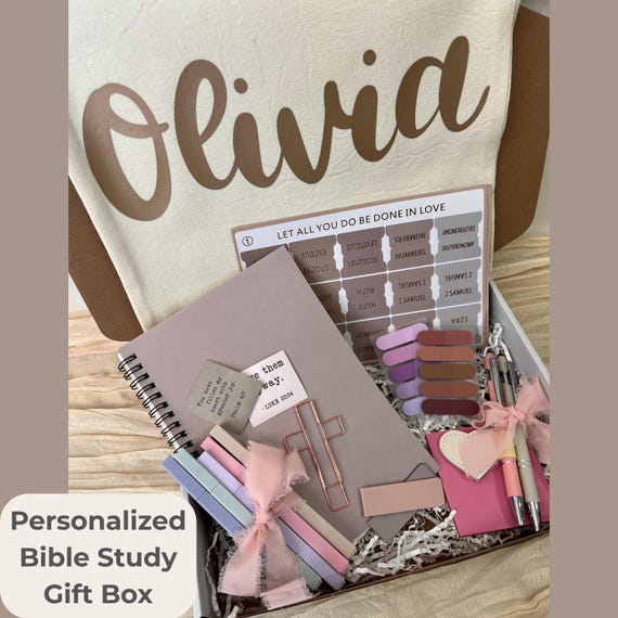 Bible Study Gift Box | Christian Gift Set for Women | Personalized Tote | Bible Tabs, Notebook, Highlighters | Prayer Gift | Faith Basket