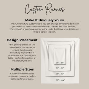 May include: A custom runner with the text "Custom Runner" in elegant script. The image shows runners in four sizes: 26" x 36", 50" x 60", 68" x 80", and 88" x 104". The runner is customizable for events.