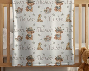 Manta de bebé estilo western personalizada, decoración infantil de felpa minky con nombre personalizado estilo vaquero, regalo suave para niños y niñas.