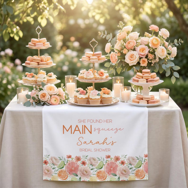 May include: A table set for a bridal shower with a white tablecloth and a runner that reads "She found her Main Squeeze Sarah's Bridal Shower." The table features tiered serving stands with macarons and cupcakes, floral arrangements, and candles.