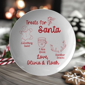 May include: White ceramic plate with red text and illustrations for Santa. The plate includes the words "Treats for Santa", "Something Sweet", "A Nice Drink", and "Reindeer Snacks". It is signed "Love, Olivia & Noah".