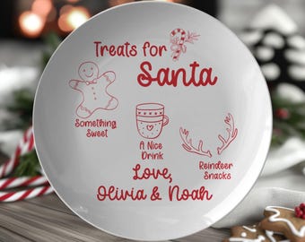 Personalized Santa Cookie Plate Kids Names Christmas Eve Plate with Reindeer Snacks Holiday Keepsake Dinner Plate for Santa & Reindeer