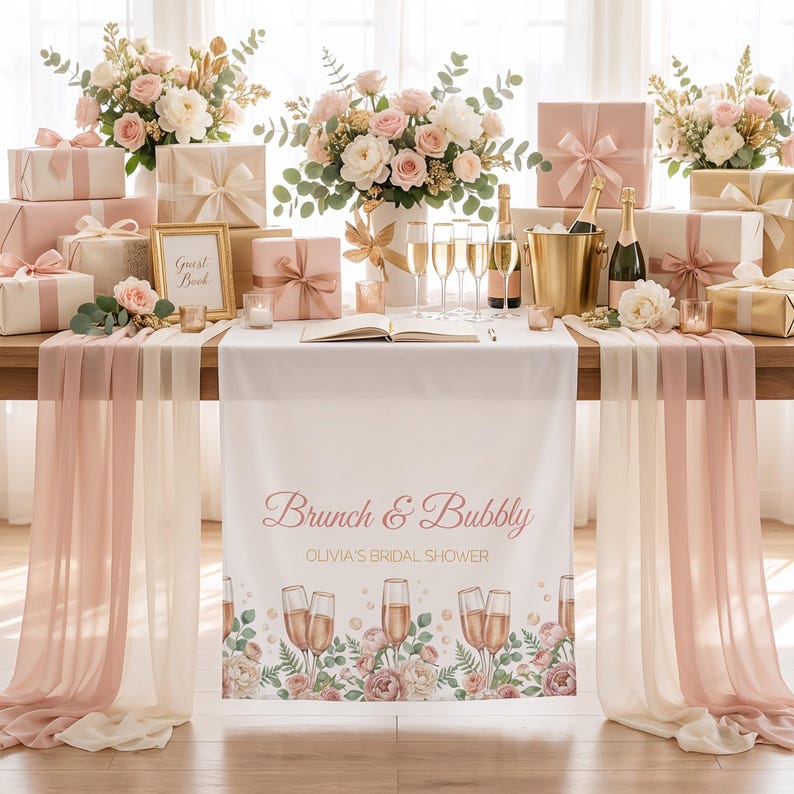 Pu&ograve; includere: Un'impostazione del tavolo per un addio al nubilato con regali, fiori e champagne. Il tavolo &egrave; decorato con una tovaglia bianca e un runner con la scritta "Brunch & Bubbly". La scena comprende calici di champagne, un libro degli ospiti e una cornice dorata.