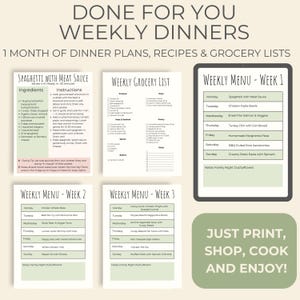 May include: A set of weekly dinner plans, recipes, and grocery lists. The image features a weekly menu, a grocery list, and recipes for meals such as spaghetti with meat sauce and chicken fajita bowls. The text encourages users to print, shop, cook, and enjoy.