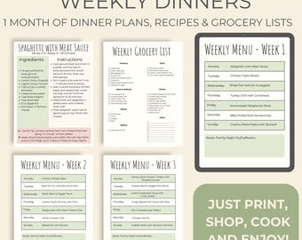 Monthly Dinner Planner with 28 Recipes and Grocery Lists | Family Meal Plan Digital Download PDF for Easy Weekly Meal Prep