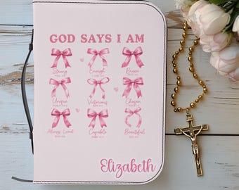 Personalized Pink Bible Cover with Inspirational Quotes | Christian Religious Gift for Women | Bible Case with God Says I Am Design