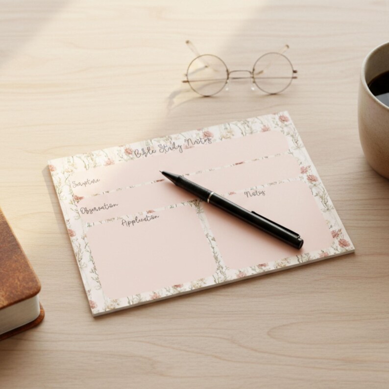 May include: A floral-bordered Bible study notes pad with a black pen, round glasses, and a mug of coffee on a light wood surface. The pad has sections for Scripture, Observation, Application, and Notes.