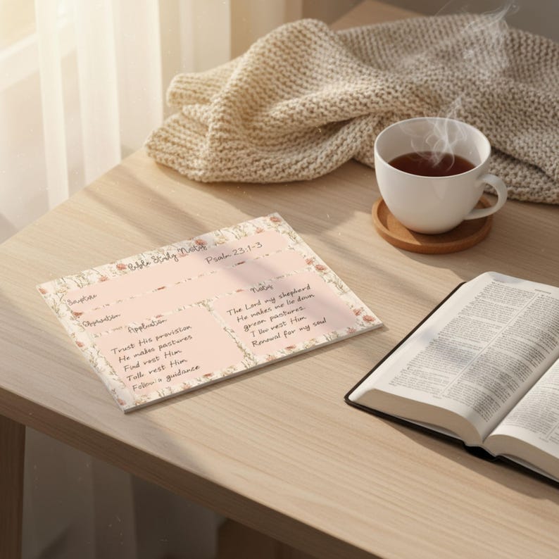 May include: A Bible study notes sheet with floral accents and the text "Psalm 23:1-3." An open Bible, a cup of tea on a wooden coaster, and a beige knitted blanket are also on the wooden surface.