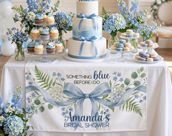 Runner da tavola "Something Blue" per addio al nubilato / Decorazioni "Something Blue Before I Do" / Decorazioni per addio al nubilato con fiocco blu / Decorazioni per addio al nubilato a tema giardino